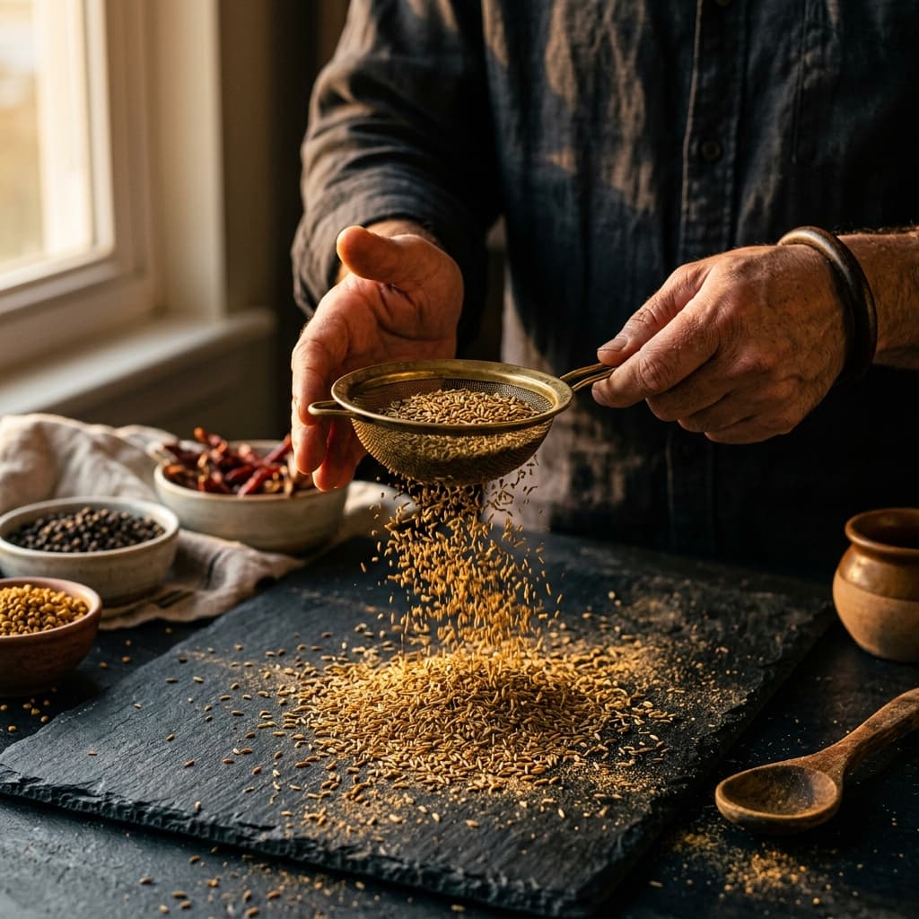 Hands sifting golden cumin seeds over dark slate in warm light
