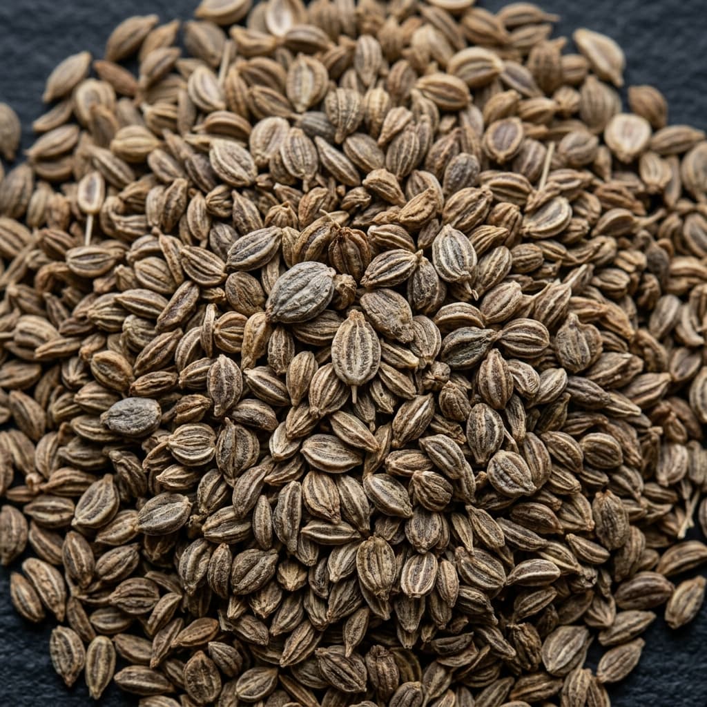 Carom Seeds (Trachyspermum ammi) — premium grade in a carved wooden bowl