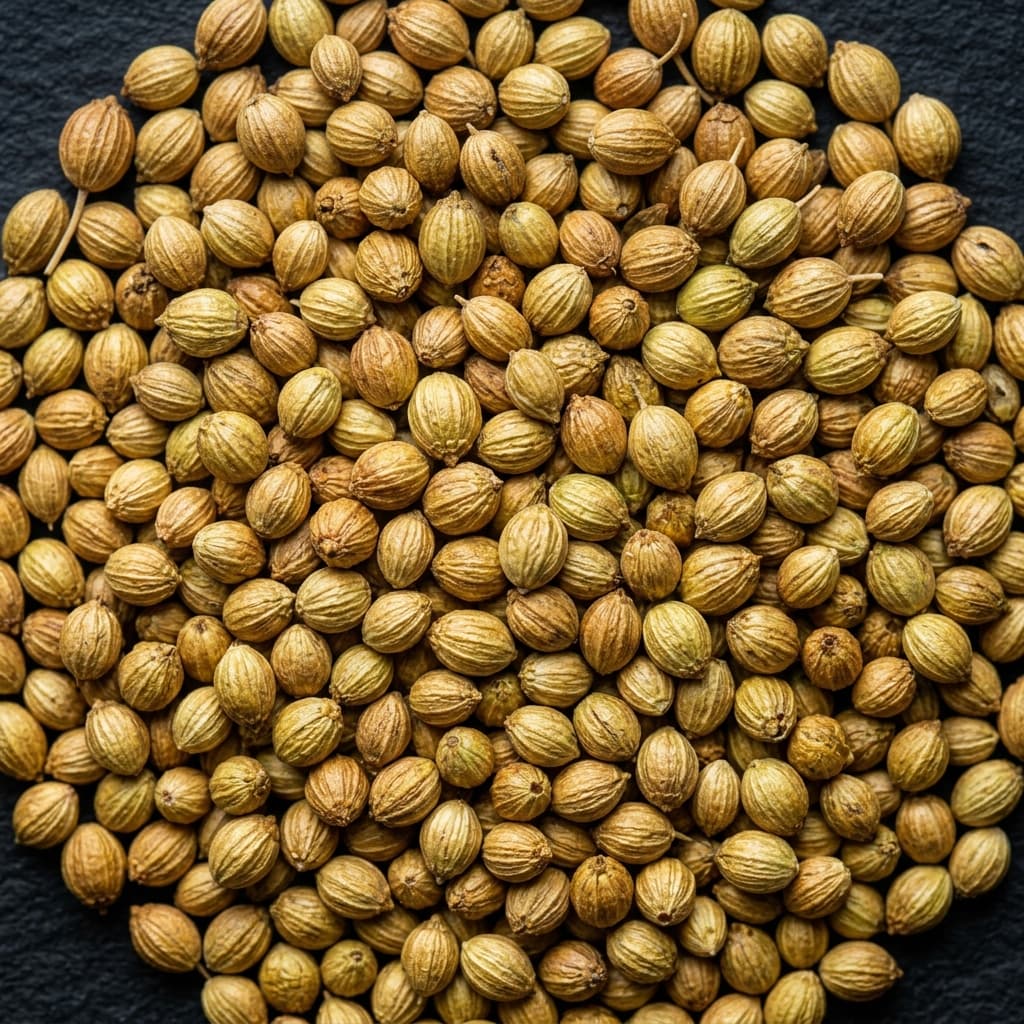 Coriander Seeds (Coriandrum sativum) — premium grade in a carved wooden bowl