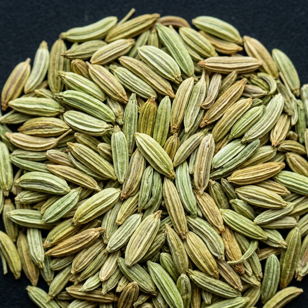 Fennel Seeds (Foeniculum vulgare) — premium grade in a carved wooden bowl