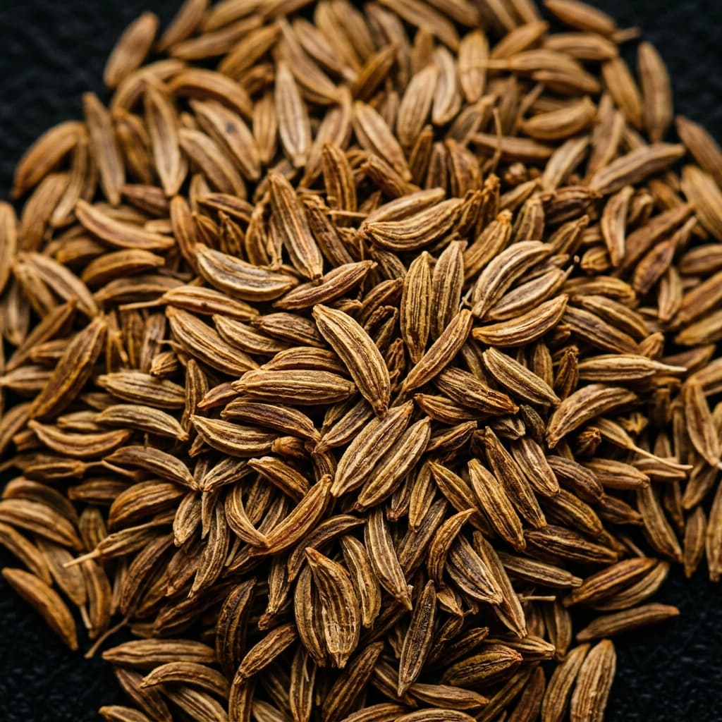 Cumin Seeds (Cuminum cyminum) — premium grade in a carved wooden bowl