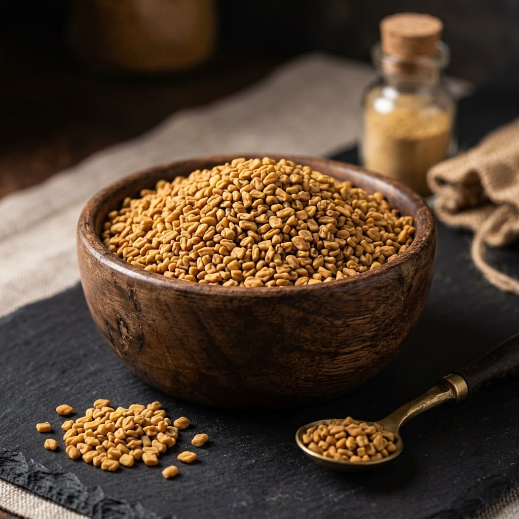 Fenugreek Seeds (Trigonella foenum-graecum) — premium grade in a carved wooden bowl