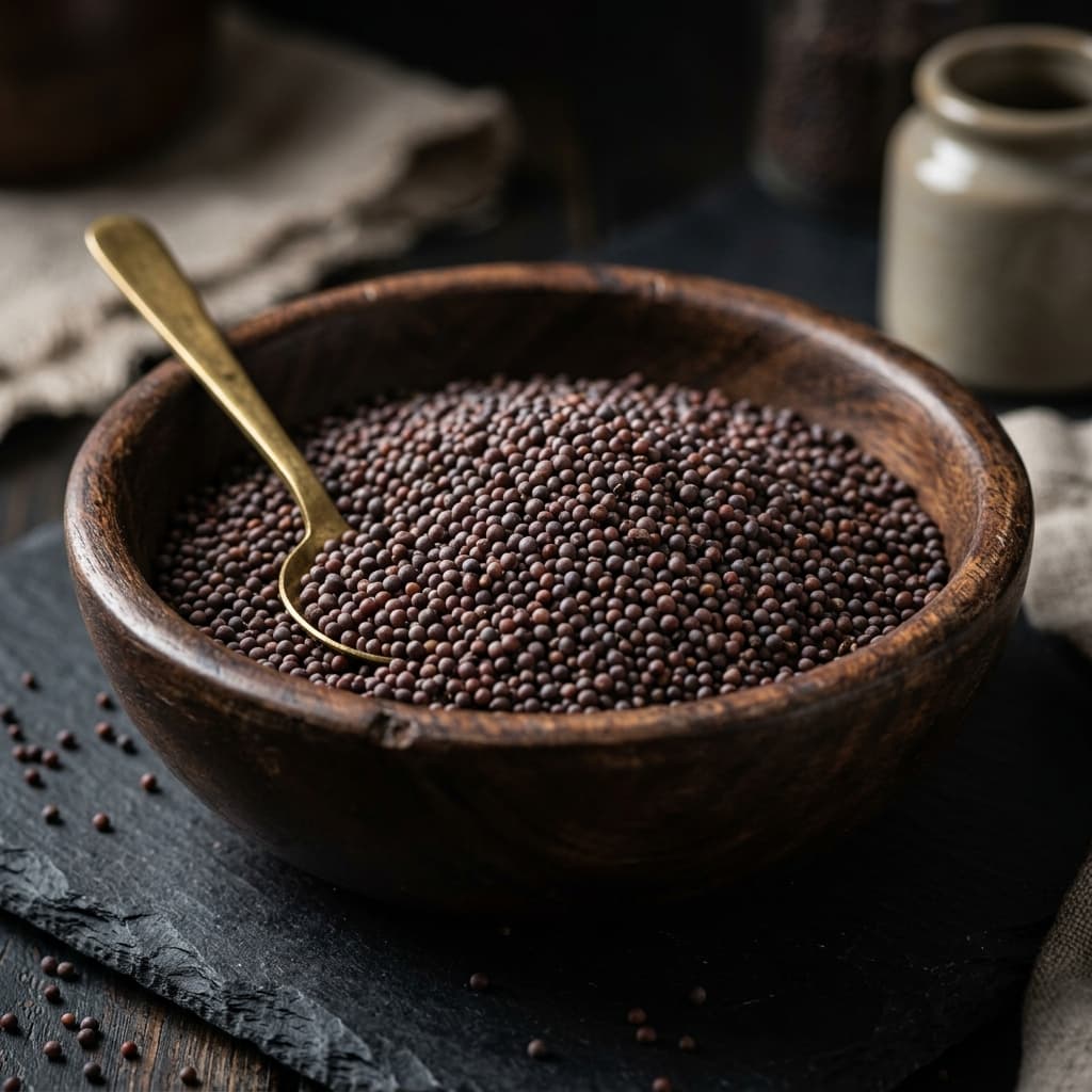 Black Mustard Seeds (Brassica nigra) — premium grade in a carved wooden bowl